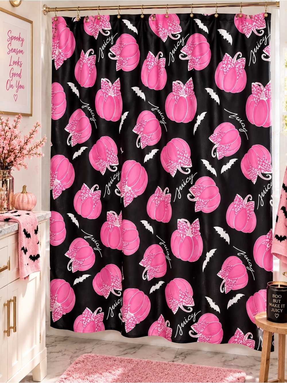 Juicy Couture Pinkoween Shower Curtain Pink Pumpkin Leopard Bow Halloween NWT - Picture 1 of 9